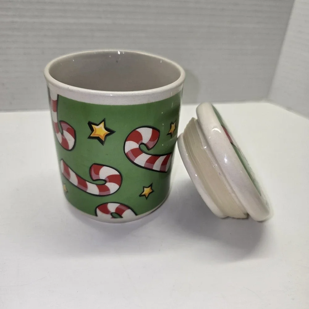 Merry Brite Candy Cane Hand‎ Painted Lidded Canister Small Seasonal Adorable